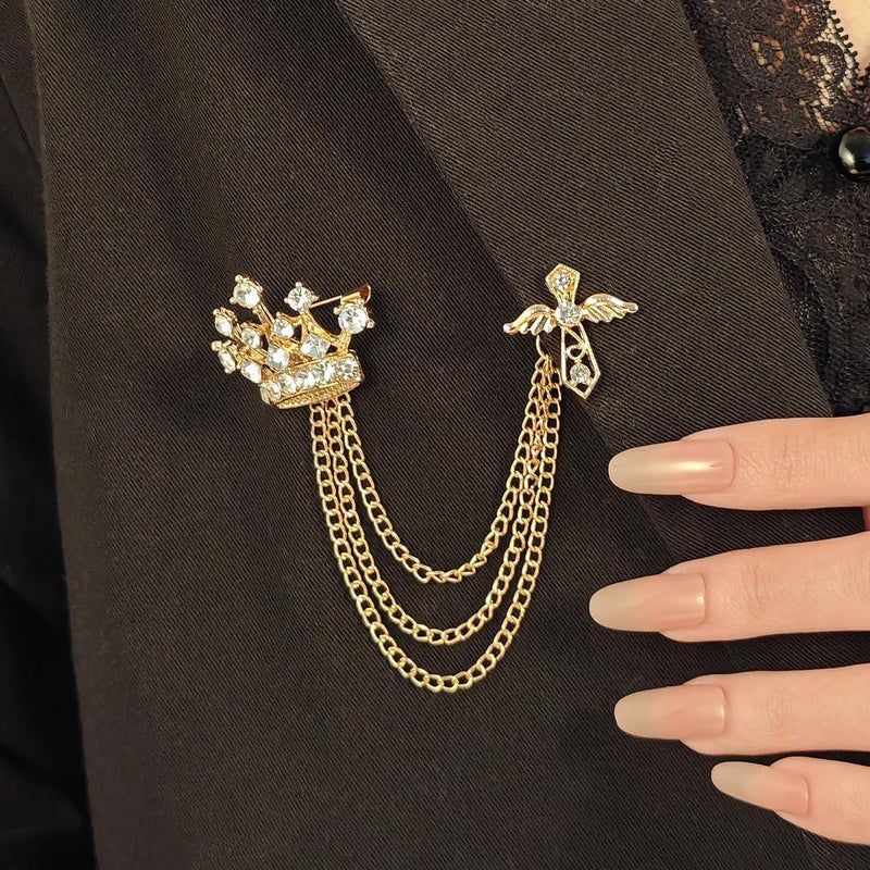 Uarein Cross Crown Long Chain Brooch, Rhinestone Tassel Brooch Pin,Retro Crystal Suit Pins Collar Pin,Coat Tassel Chain Lapel Pins for Men's Suit Accessories - Image 4
